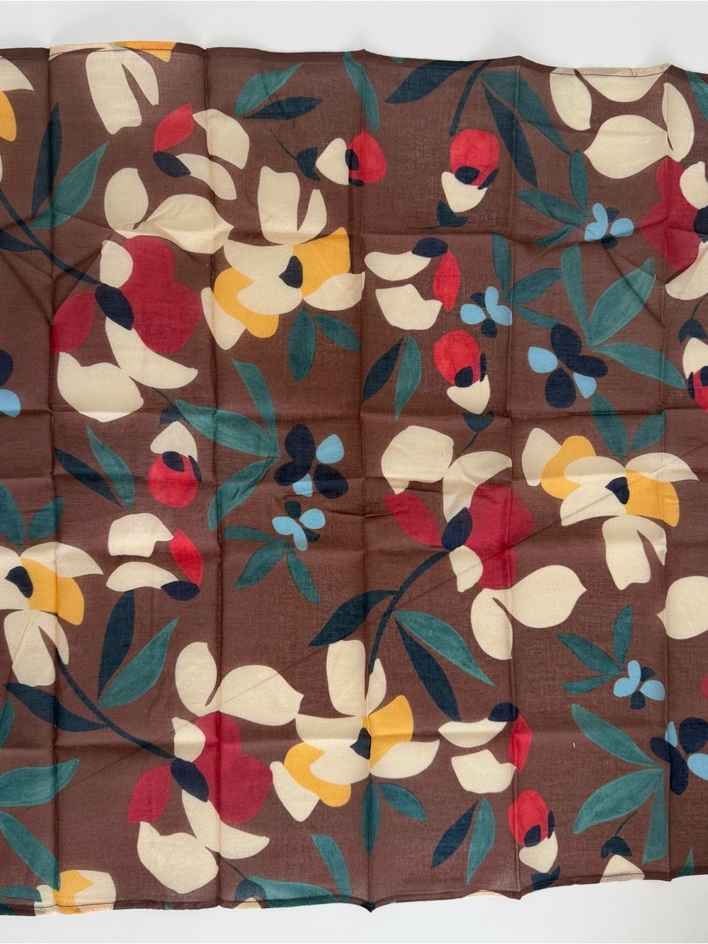 Sezane Brown Floral Silk Scarf with Cream, Red, Yellow & Teal Accents